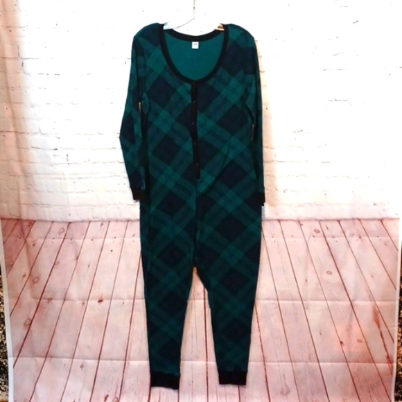 Old Navy Woman's One Piece  Green & Blue Checkered‎ Thermal SleepWear L - Picture 1 of 8